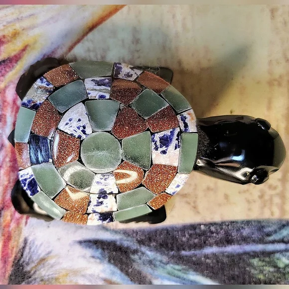 Vintage Obsidian Mosaic Multi-Stone Turtle Figure - Picture 3 of 10